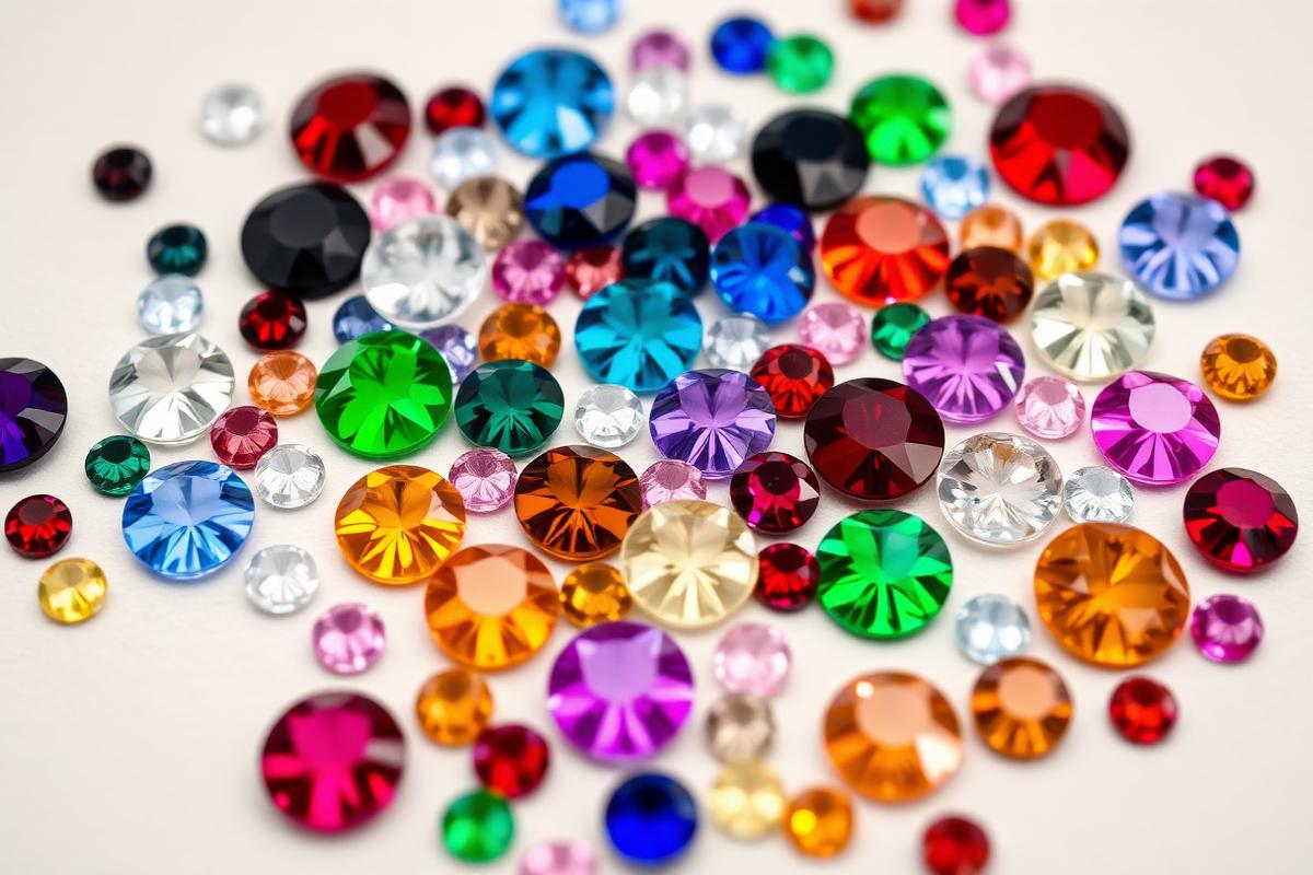 Collectie van kleurrijke rhinestone kristallen in diverse kleuren zoals crystal, sapphire, emerald, amethyst en topaz